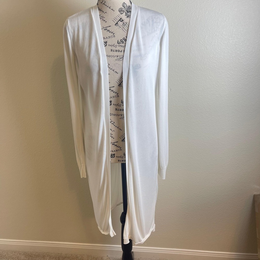 White House Black Market White Longline Open Front Rayon Cardigan Sweater Size M
